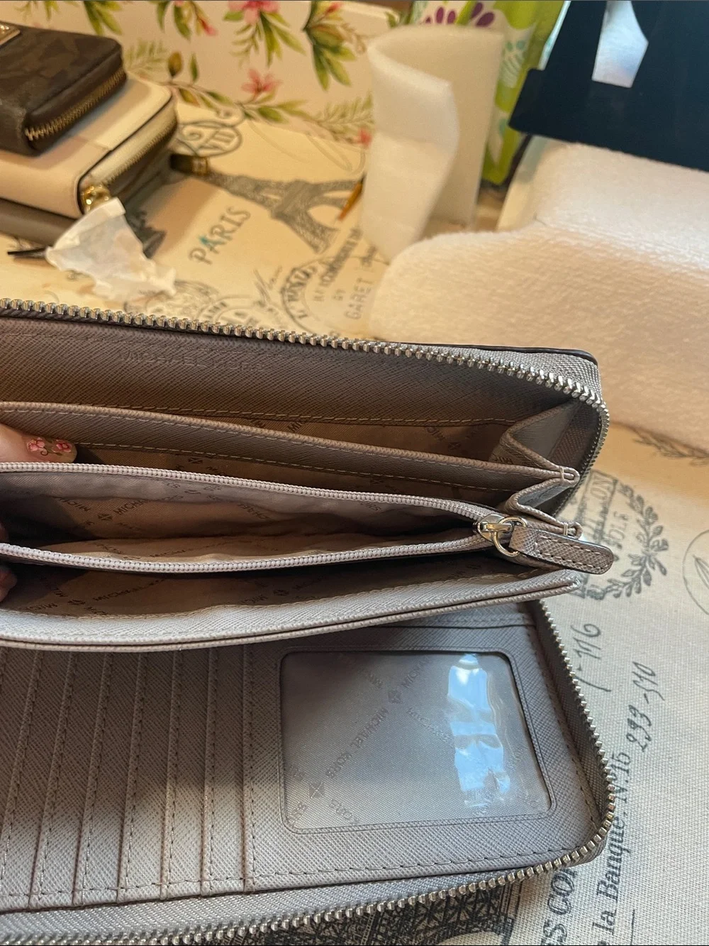 Michael Kors Taupe Stone Grey  Pebbled Leather Wristlet Wallet
